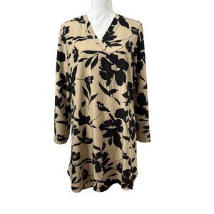 Beige & Black Floral Midi V-Neck Long Sleeve A- Line Tunic Dress Womens Size M